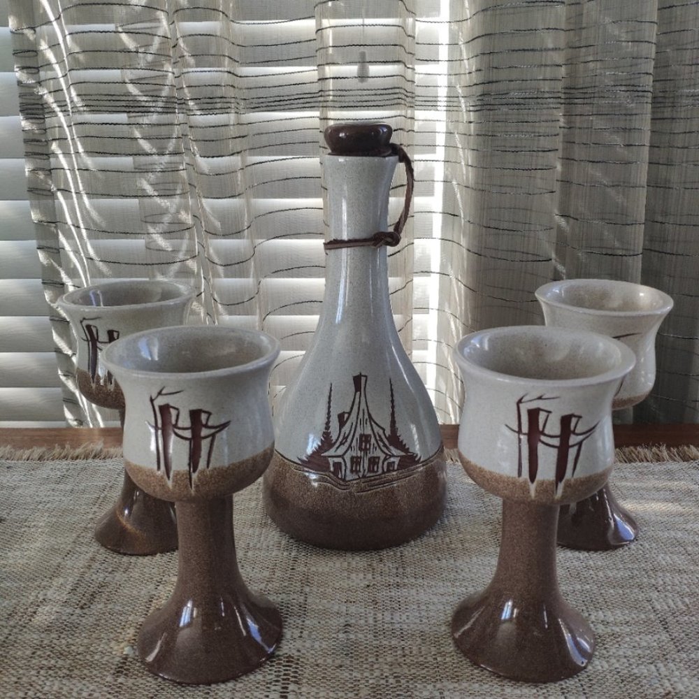 Studio Art Pottery Decanter Set of 5 La Canadienne VTG Bottle + 4 Goblets Signed
